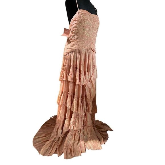 Anthropologie BHLDN Jessa Pink Metallic Asymmetrical Ruffled Drop-Waist Gown 8 - Picture 14 of 14